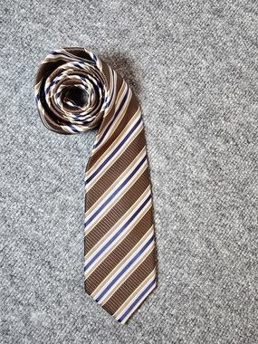 David Donahue Silk Blend Tie Brown Blue Cream Striped Mens Classic Necktie
